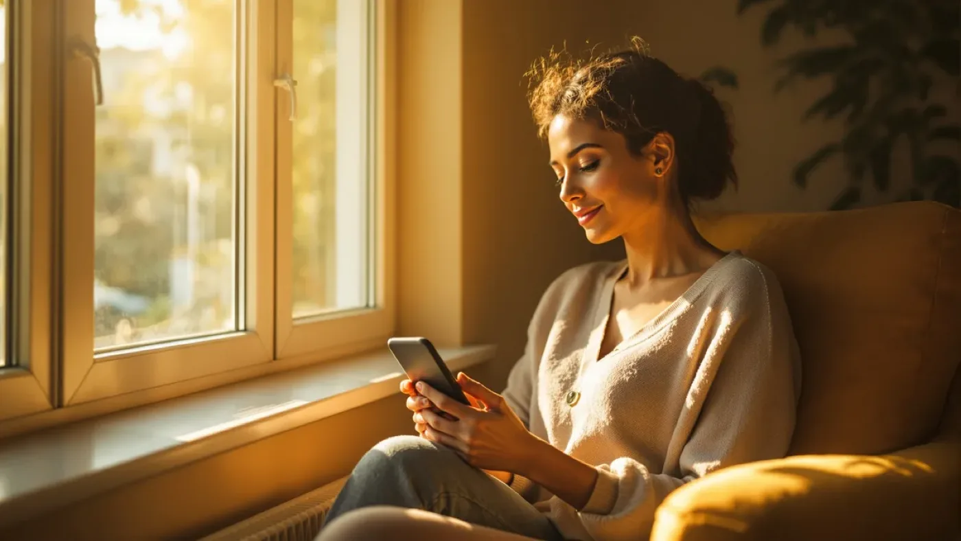 AI therapy statistics 2026 — a person using an AI mental health chatbot on a phone in a calm, sunlit room