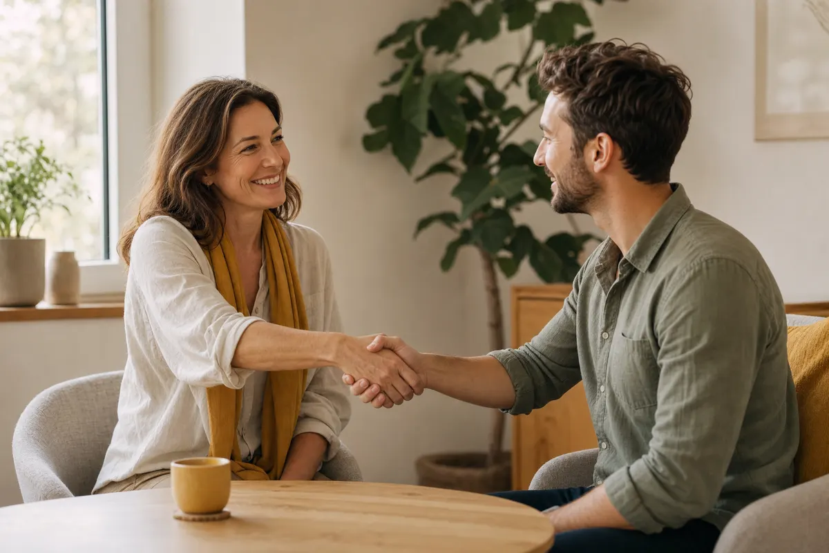 Find a coach: A coach and a client shaking hands across a table at the end of a session