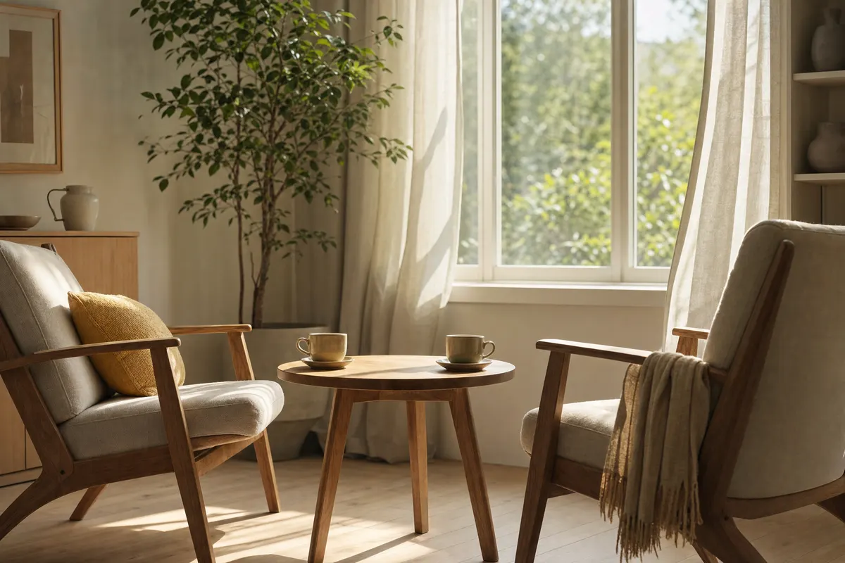 Find a coach: Two chairs set across a small table in a sunlit room, a cup at each place, ready for the first coaching session