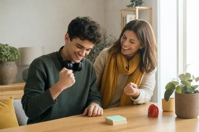 ADHD and executive function coach: a client and a coach at a tidy desk with a kitchen timer, sharing a small win