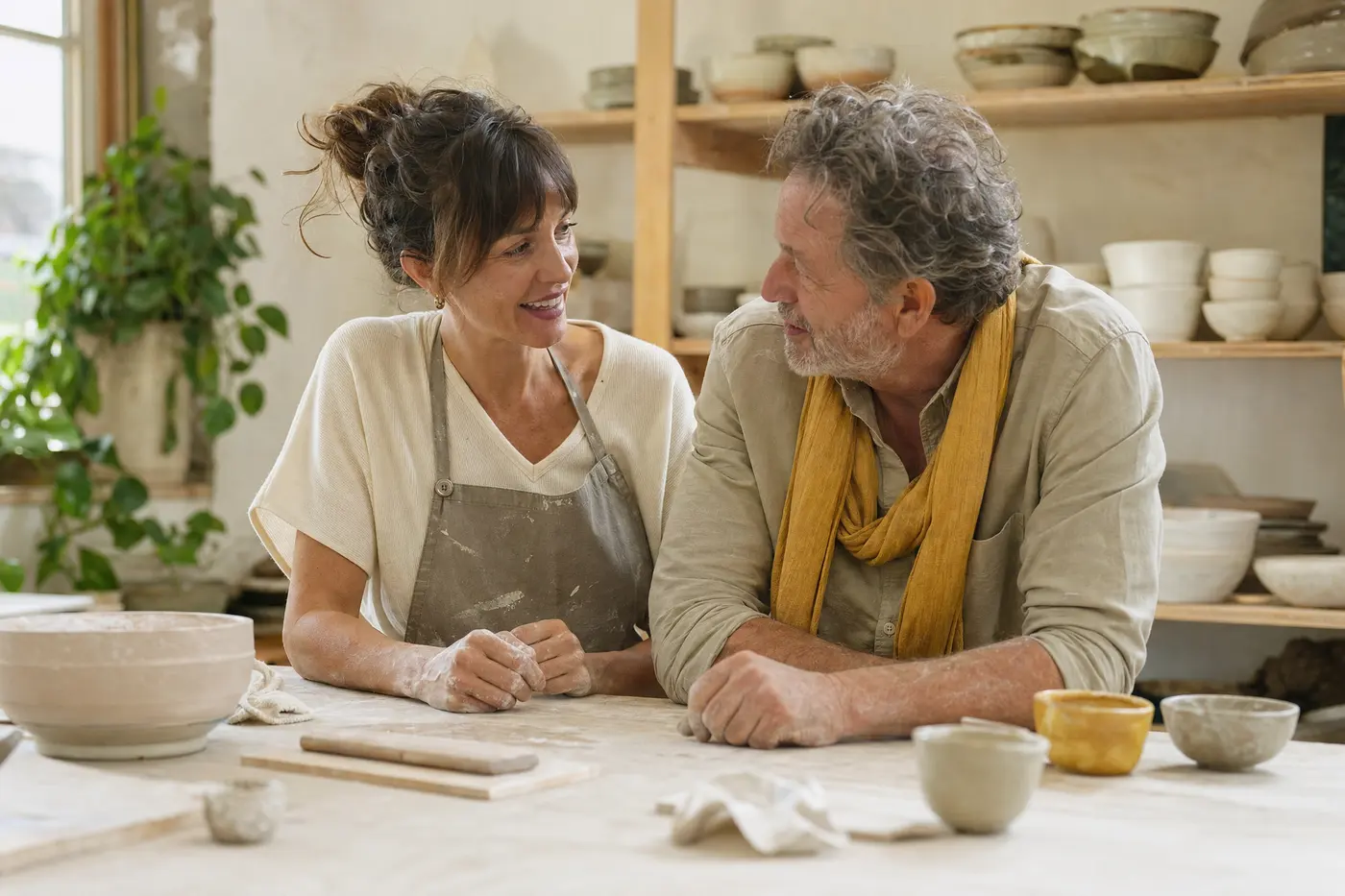 Business coach: a studio owner and her coach talking at the work bench of a sunlit pottery studio