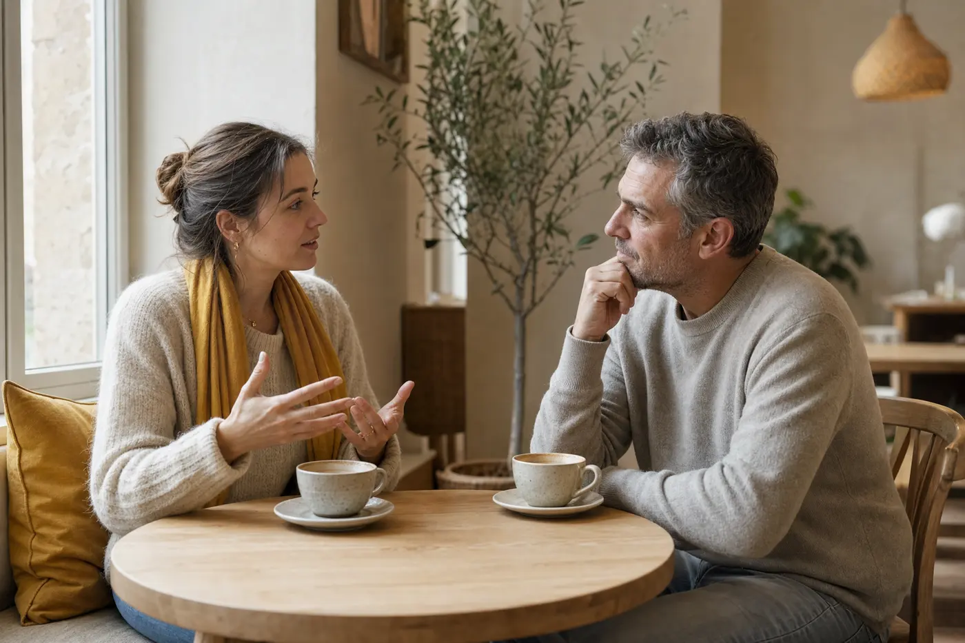 Career coach: a client talking through a decision with a coach at a cafe table by the window