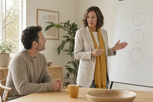 Executive and leadership coach: an executive at a whiteboard working through a plan with her coach