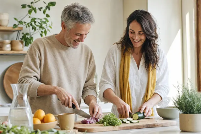 Health and wellness coach: a client and a coach preparing vegetables together at a sunny kitchen counter