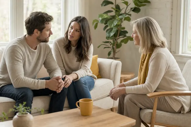 Relationship coach: a couple on a sofa in a bright living room talking with their coach