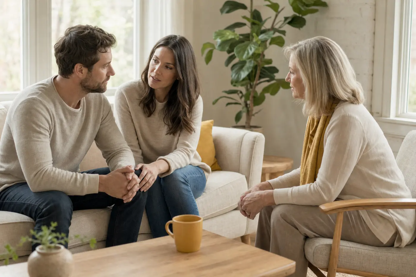 Relationship coach: a couple on a sofa in a bright living room talking with their coach