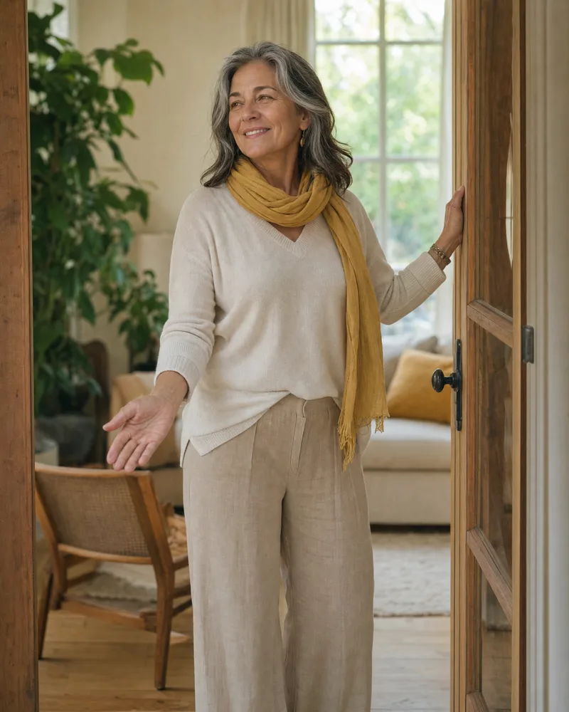 List your coaching practice: a coach welcoming a client at the door of her bright studio