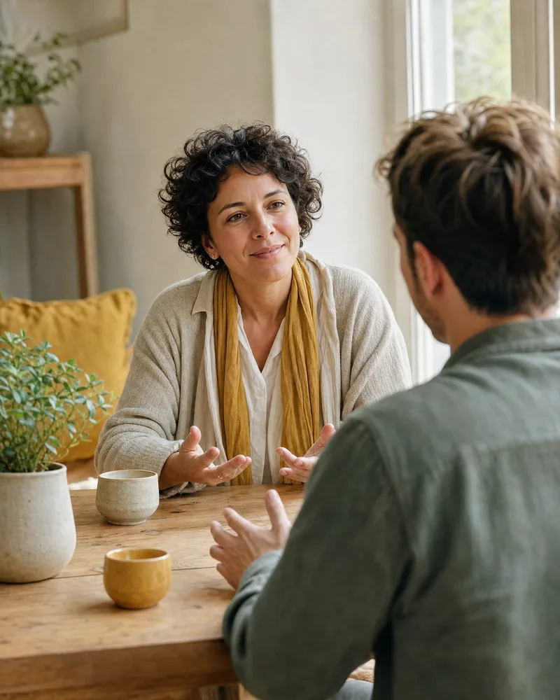 Find a coach: a coach listening across a sunlit table, hands open, a client speaking