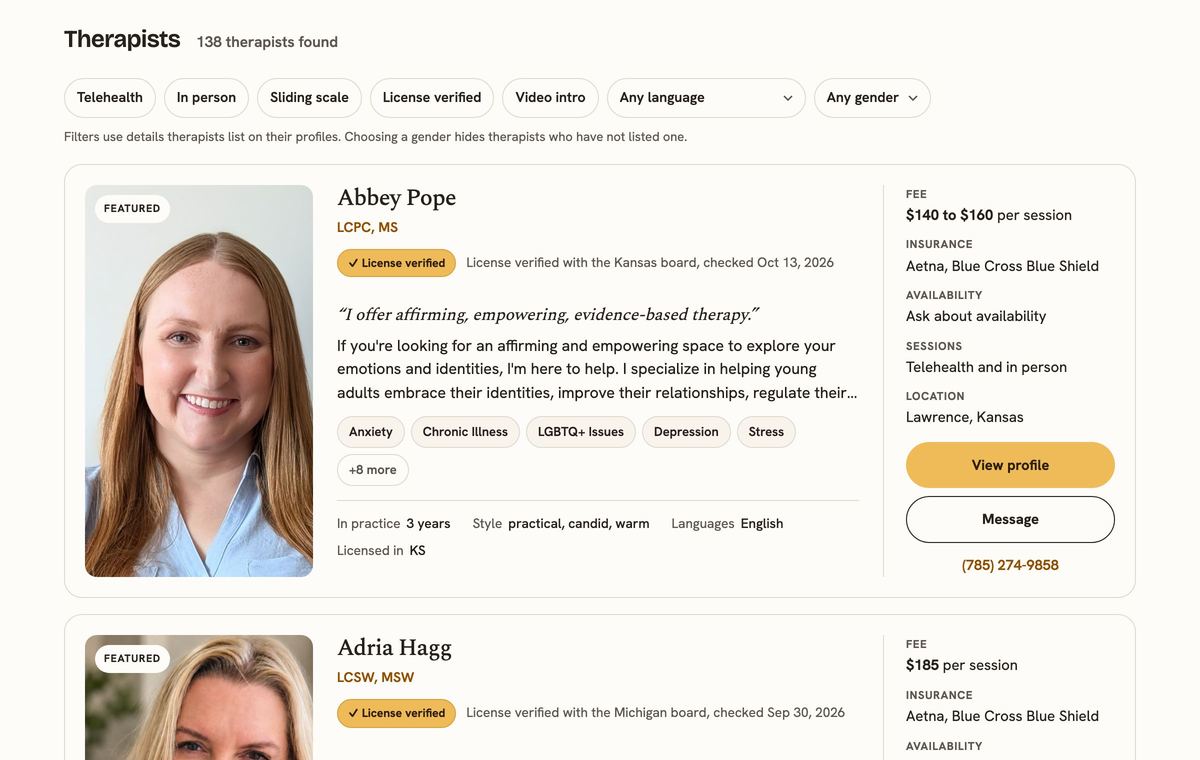 The Psychology.com directory: filters at the top, then verified therapist cards with photo, fees, insurance and session format
