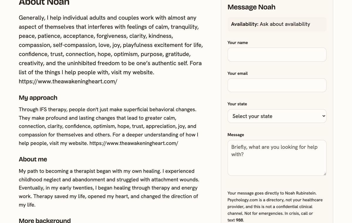 The message form on a member profile: name, email, state and message fields, with the 988 note