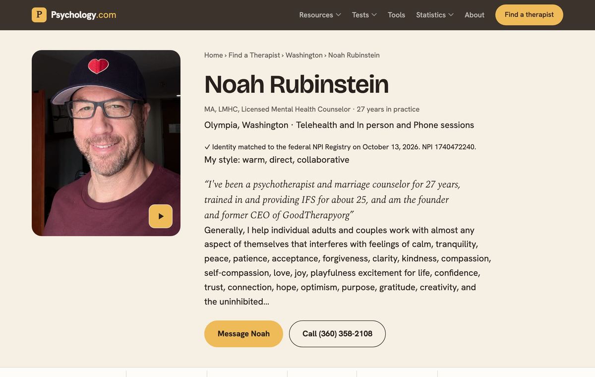 A member profile on Psychology.com: photo, name, credentials, the dated NPI Registry match, statement and contact buttons