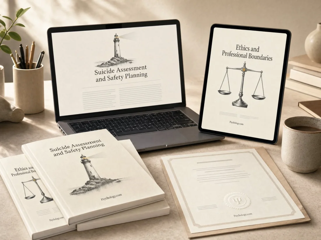 Psychology.com continuing education courses on a laptop, a tablet and in print, with a completion certificate