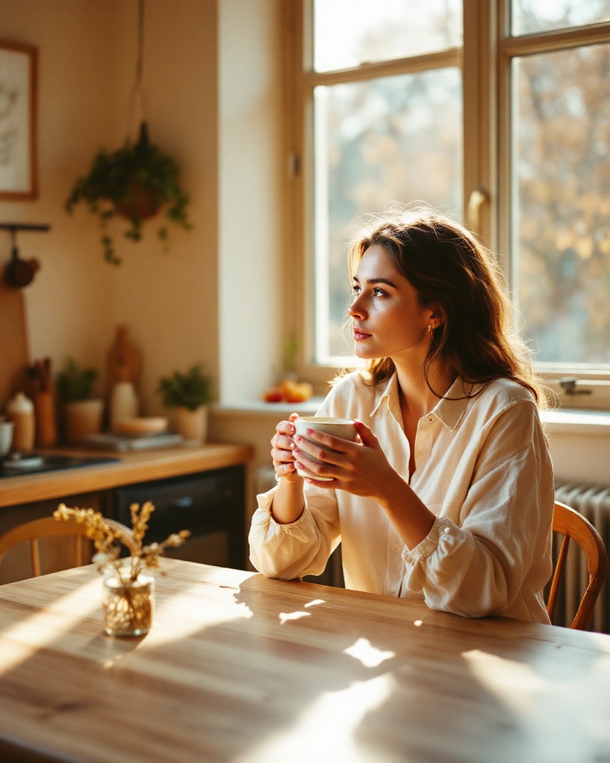 A woman holding a warm mug at her kitchen table in soft morning light