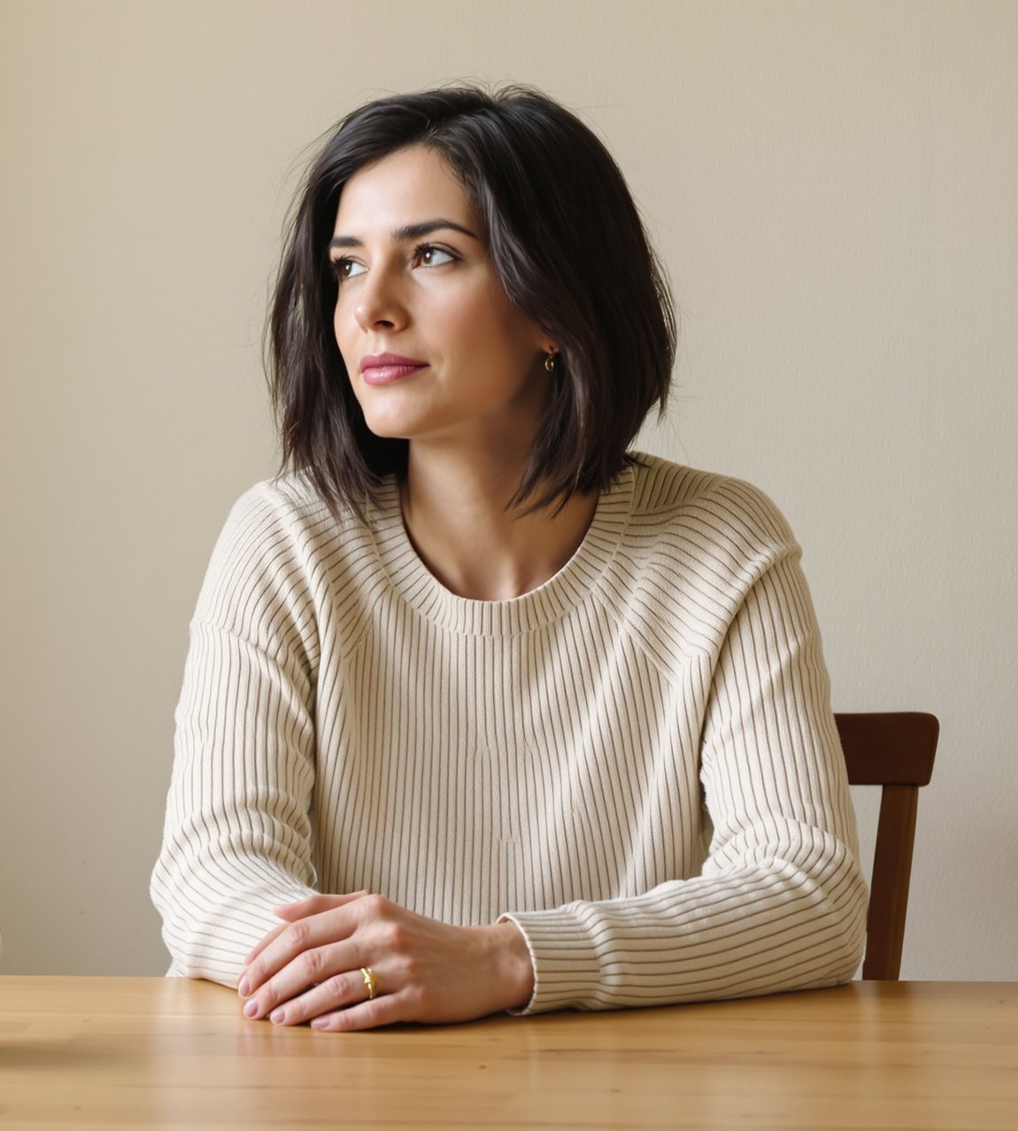 A person pauses at a kitchen table beside a window.