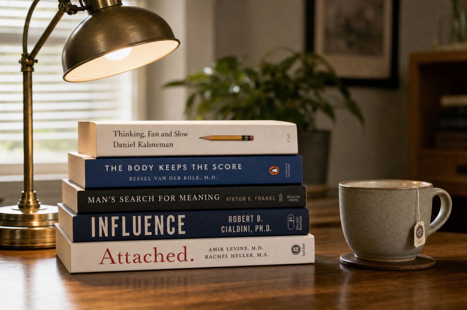 A stack of psychology books on a desk beside a cup of tea, lit by a brass reading lamp
