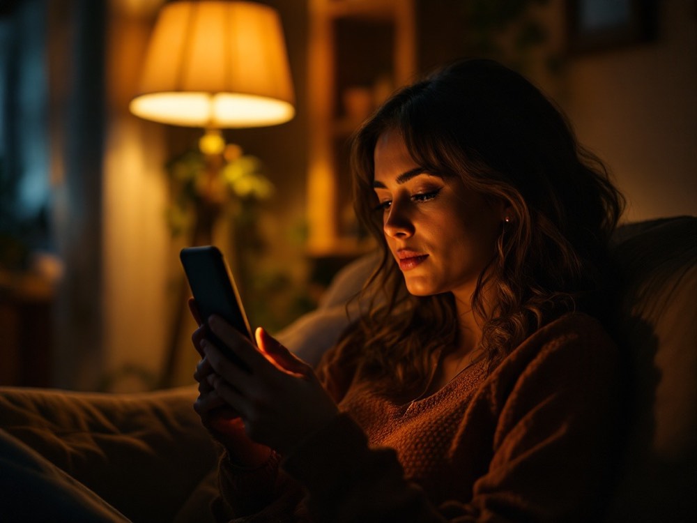 Illustrative image: a woman on her couch at night, talking it through on her phone in warm lamp light