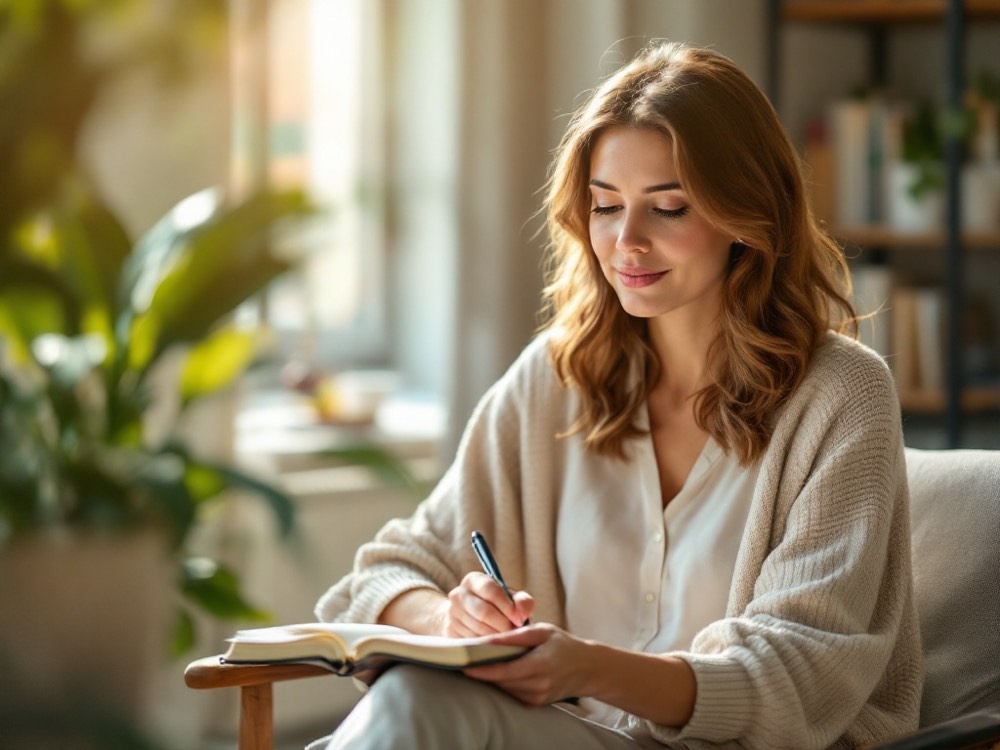 Illustrative image: a therapist taking notes in her warm, sunlit practice office