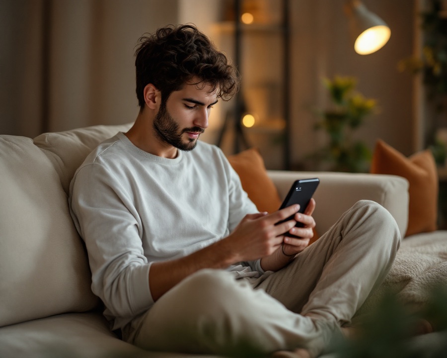 A man taking an assessment on his phone at home in warm evening light
