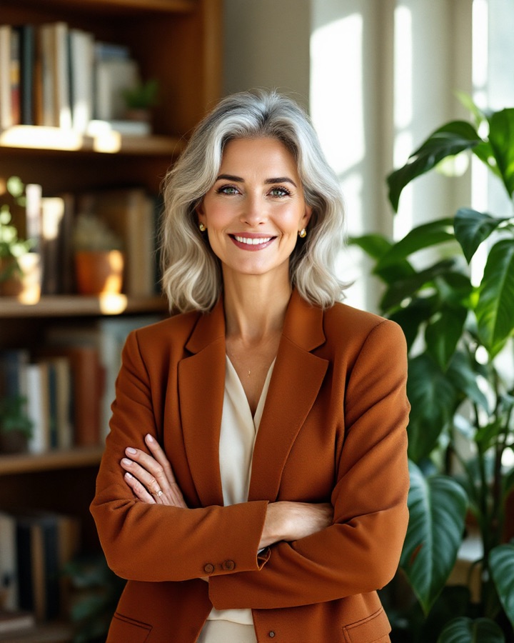 A licensed therapist standing in her sunlit practice