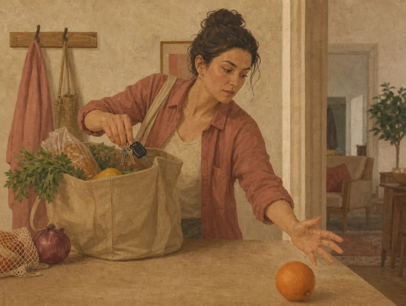 A shopper drops her keys into a grocery bag without looking, her eyes and free hand following an orange rolling off the counter.