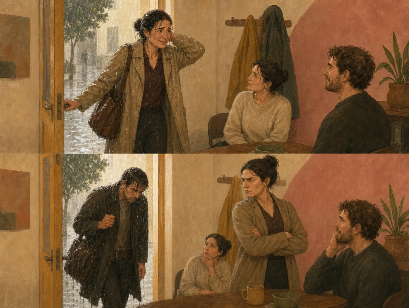 Two panels: a woman arrives soaked and smiles at the rain as her excuse; later, dry indoors, she frowns at a colleague who arrives just as wet.