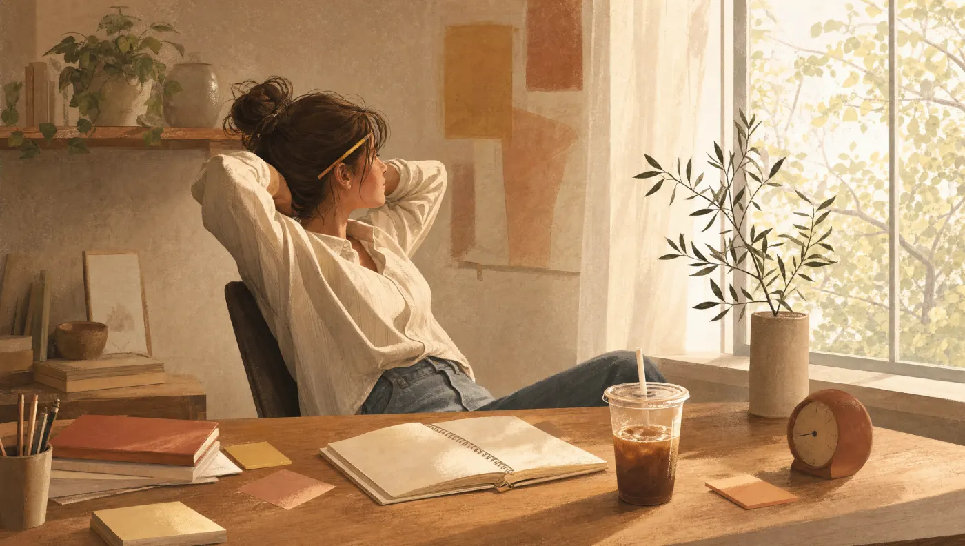 Illustration of a person leaning back from a desk with a half-finished project, sticky notes and a clock
