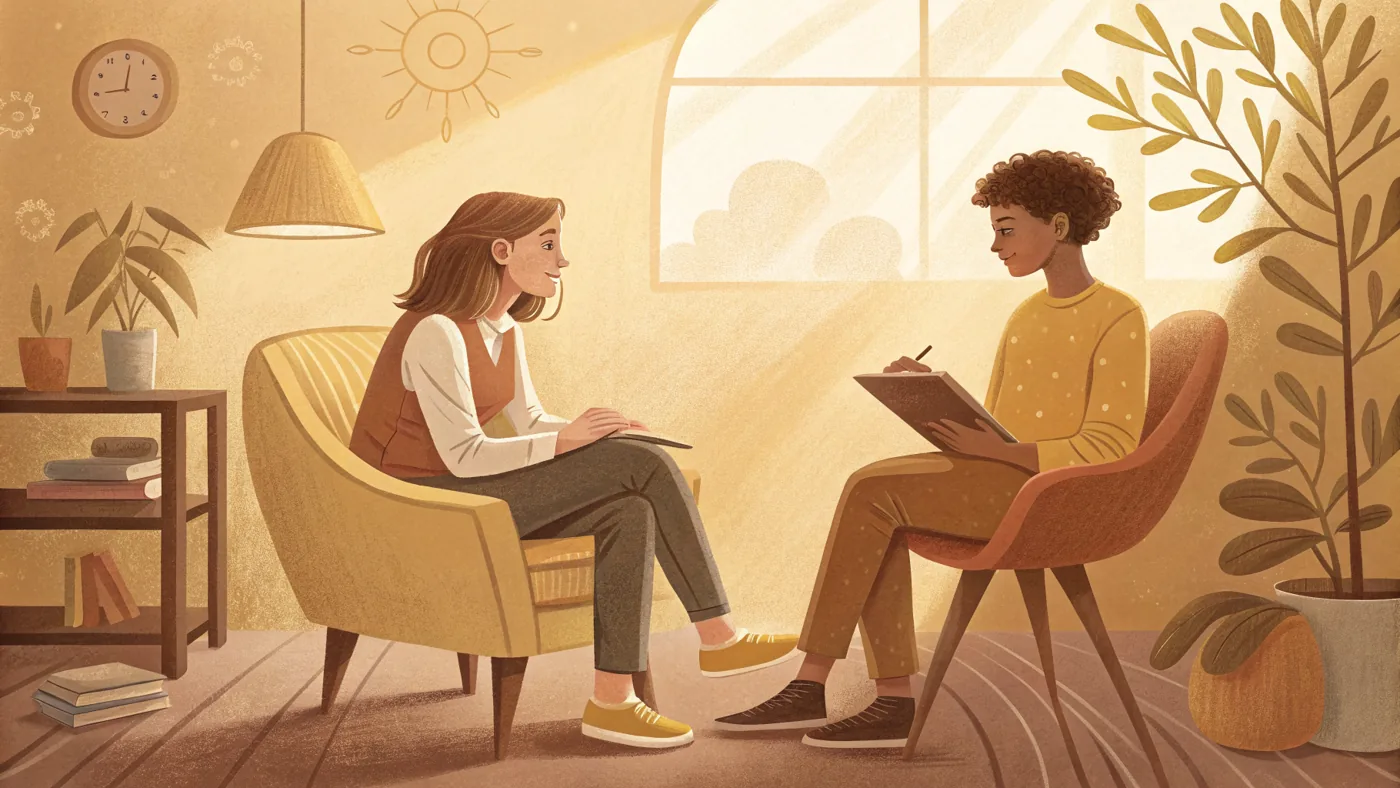 Illustration of a teenager talking with a therapist during adolescent and teen therapy.