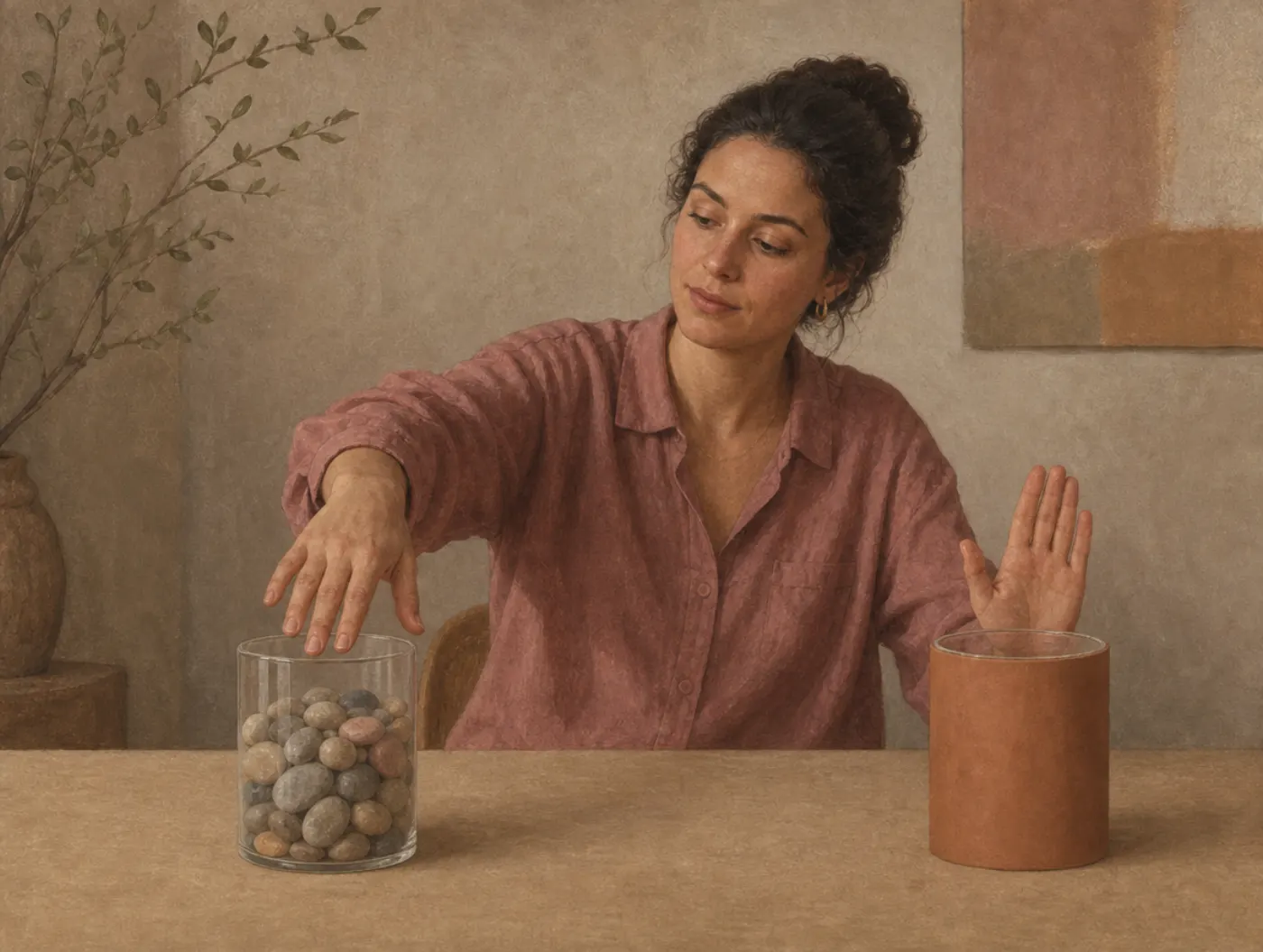 Ambiguity bias: the jar you can see into wins A woman reaches into a clear jar of mixed pebbles while holding up her other palm to refuse an identical jar wrapped in an opaque sleeve.