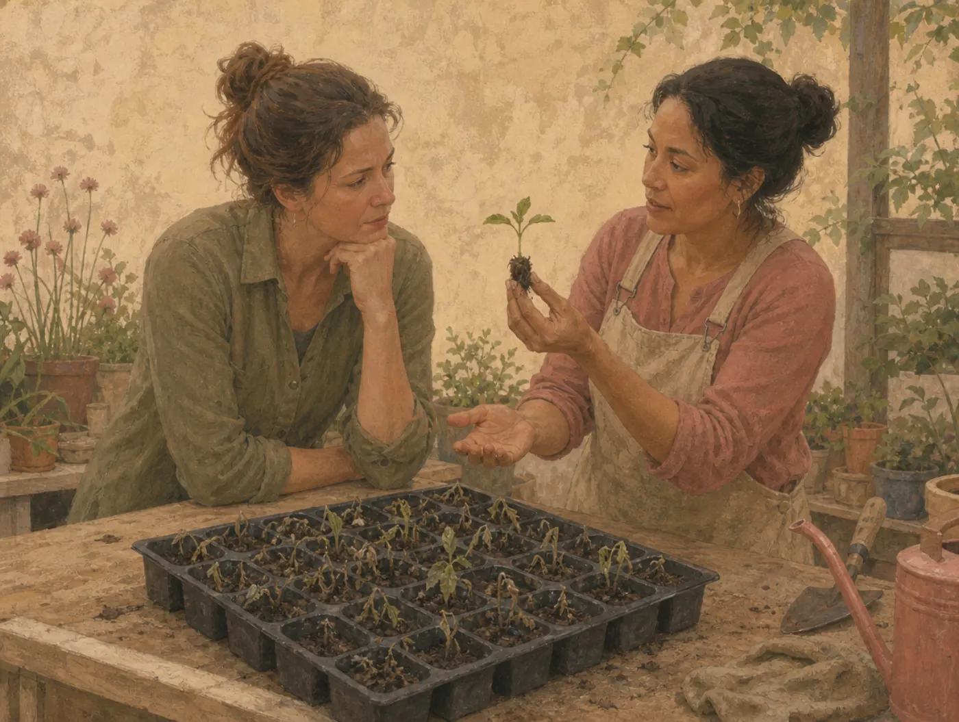 A neighbor holds up one thriving seedling and the gardener listens intently, ignoring the tray of dead seedlings of the same variety between them.