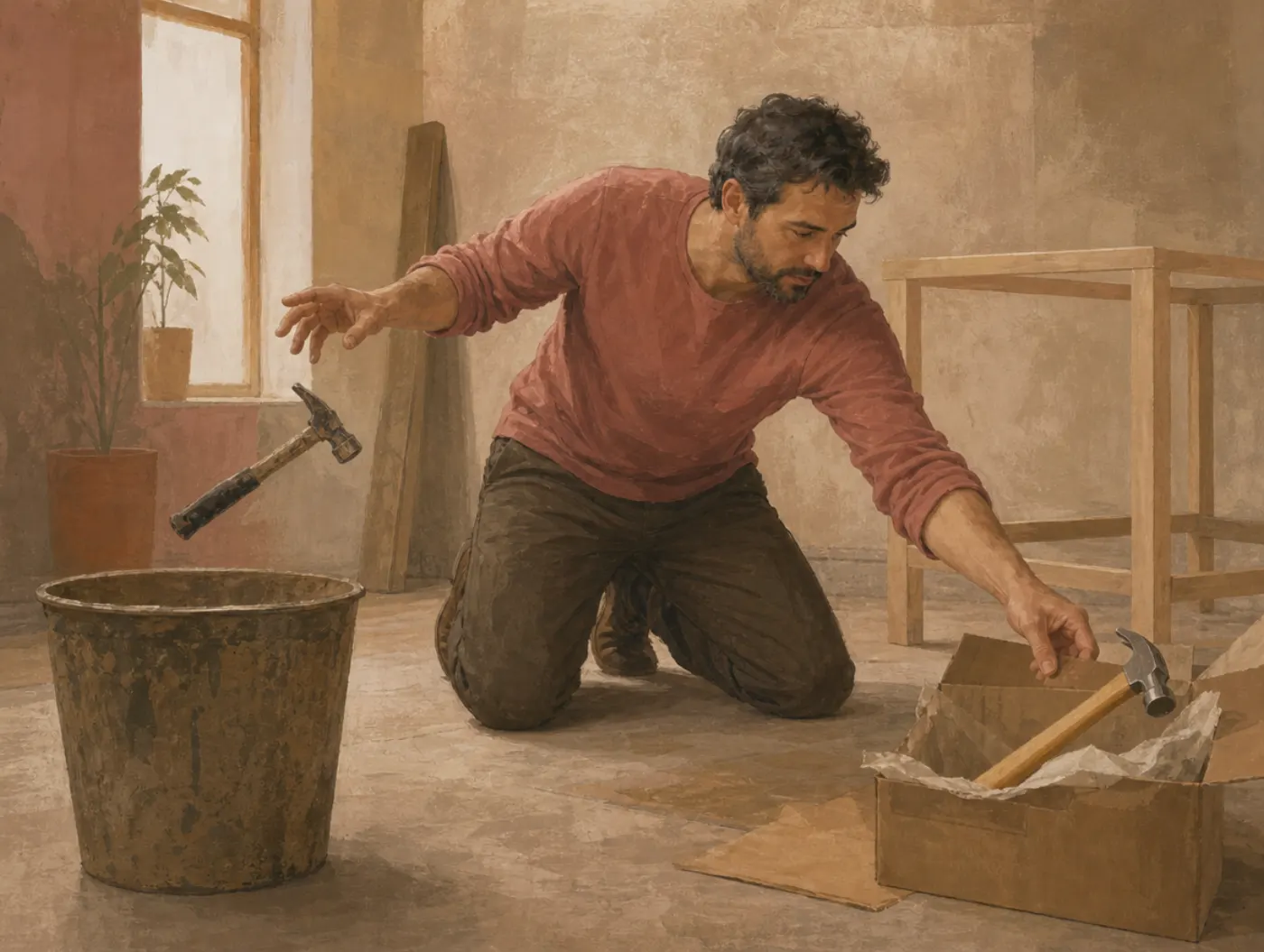 Appeal to novelty: the new tool chosen before either is tried A man tosses a sound old hammer into a bin while reaching for a new one still in its box, the frame he is building unfinished behind him.