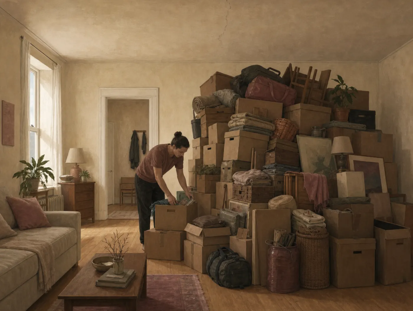 Appeal to probability fallacy: a possible collapse treated as certain A person packs their whole home into a towering pile of boxes and bundles beneath a ceiling that shows only one faint hairline crack.