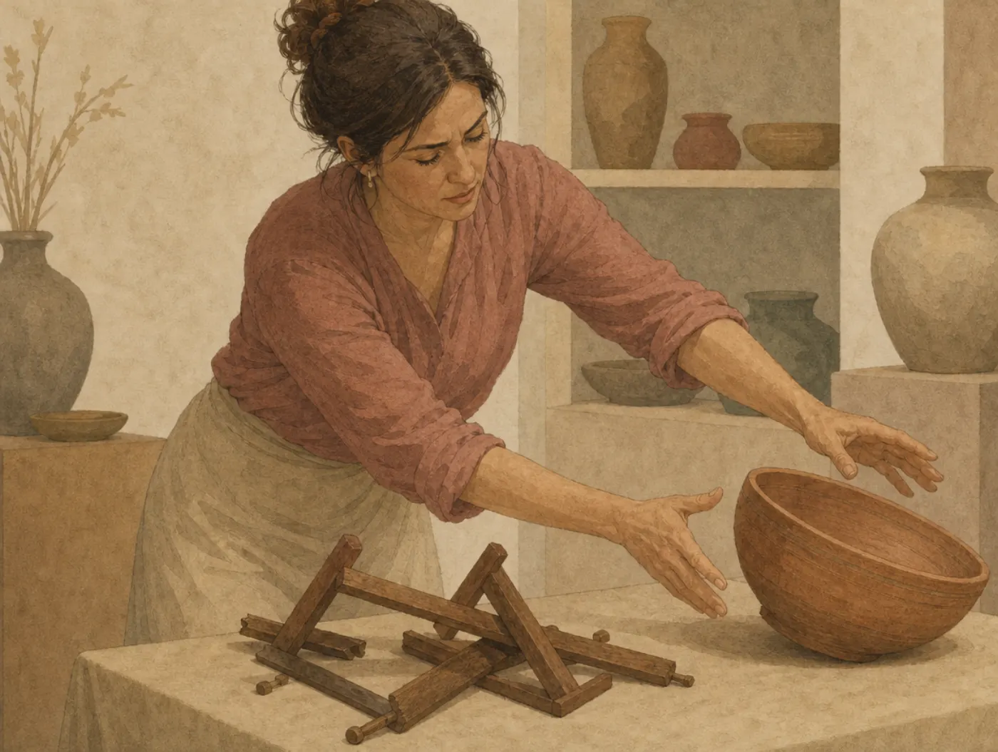 A woman pushes away an intact clay bowl because the crooked wooden stand that was holding it has collapsed into a heap of sticks beside it.