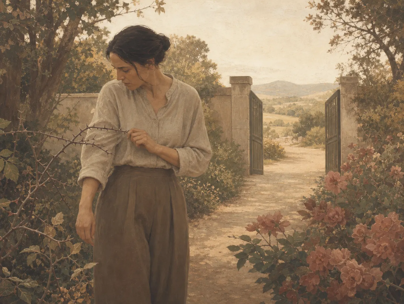 Attentional bias: the thorn holds the eye, the open gate does not A woman on a garden path stares down at a thorny branch snagging her sleeve while the open gate and the valley beyond it go unnoticed ahead of her.