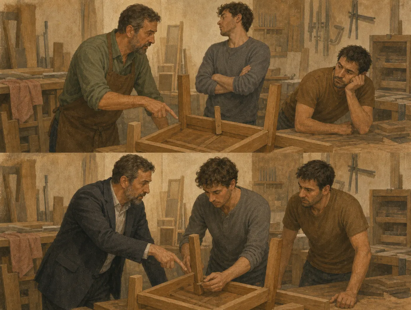 Two matched workshop scenes: the same man points at the same loose joint, ignored while wearing an apron, obeyed at once when he wears a dark jacket.