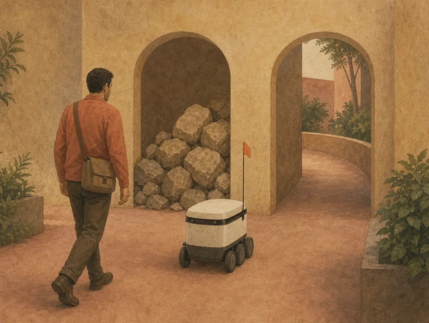 Automation bias: trusting the robot over the rubble in plain view A man follows a small delivery robot toward an archway choked with boulders, while the clear archway beside it opens onto a sunlit path.