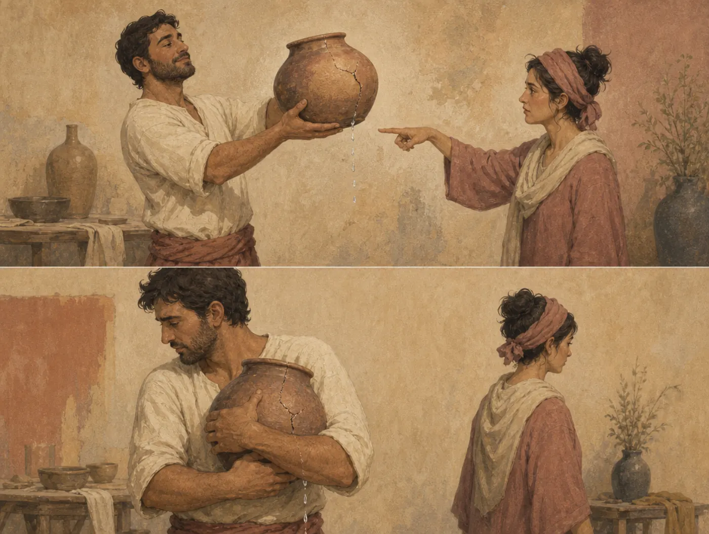 Backfire effect: holding the leaking pot tighter after the correction Two panels: a man proudly holds up a dripping cracked pot while a woman points at the leak; afterward he hugs the leaking pot and turns from her.