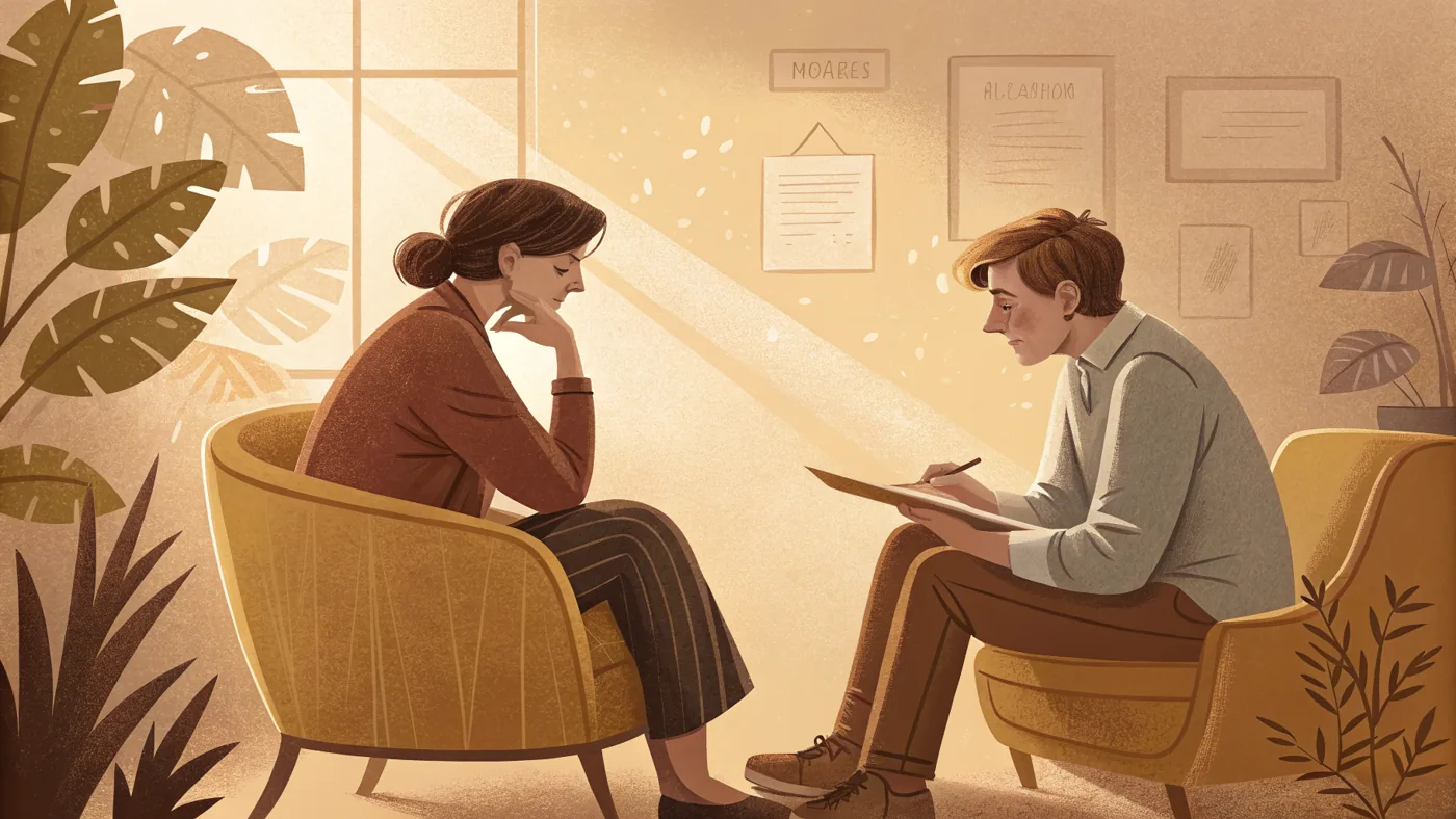 Illustration of a person in a supportive counseling session about the psychology of bariatric weight-loss surgery.