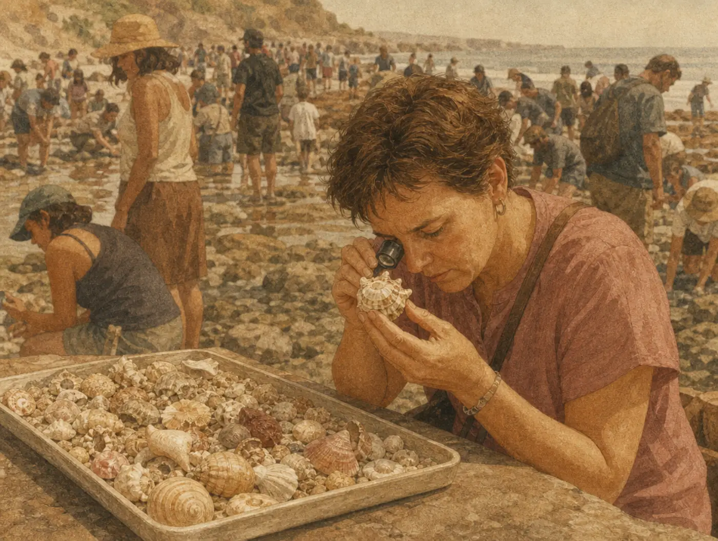 A woman studies one unusual shell through a loupe while a tray heaped with ordinary shells sits at her elbow and a crowded beach fills the background.