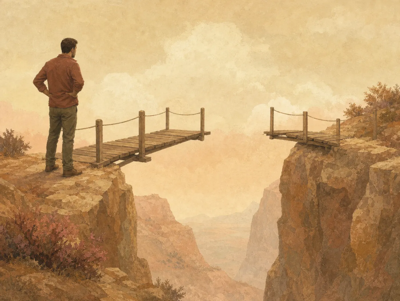 A man on a cliff edge looks across at a plank footbridge that reaches the far side but is missing its whole middle span over the gorge.