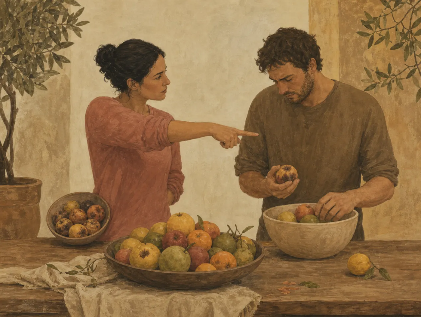 Bias blind spot: spotting his bruised fruit, not her own bowl At a table of fruit, a woman points accusingly at the bruised fruit a man is holding while a bowl of her own bruised fruit sits behind her elbow.