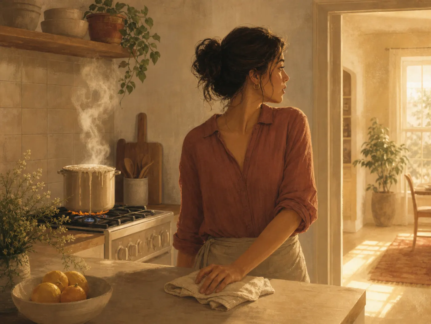 Absent-mindedness shown as a woman glancing toward a doorway while a pot boils over behind her unnoticed.