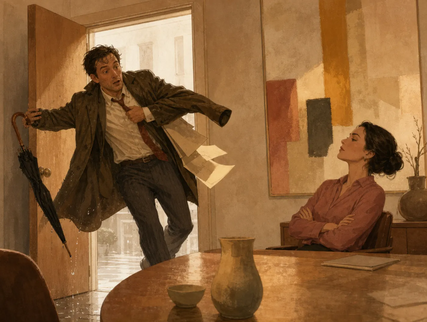 Actor-observer bias: a man stumbles in flustered by his coat and umbrella while a seated woman eyes him crossed-armed.