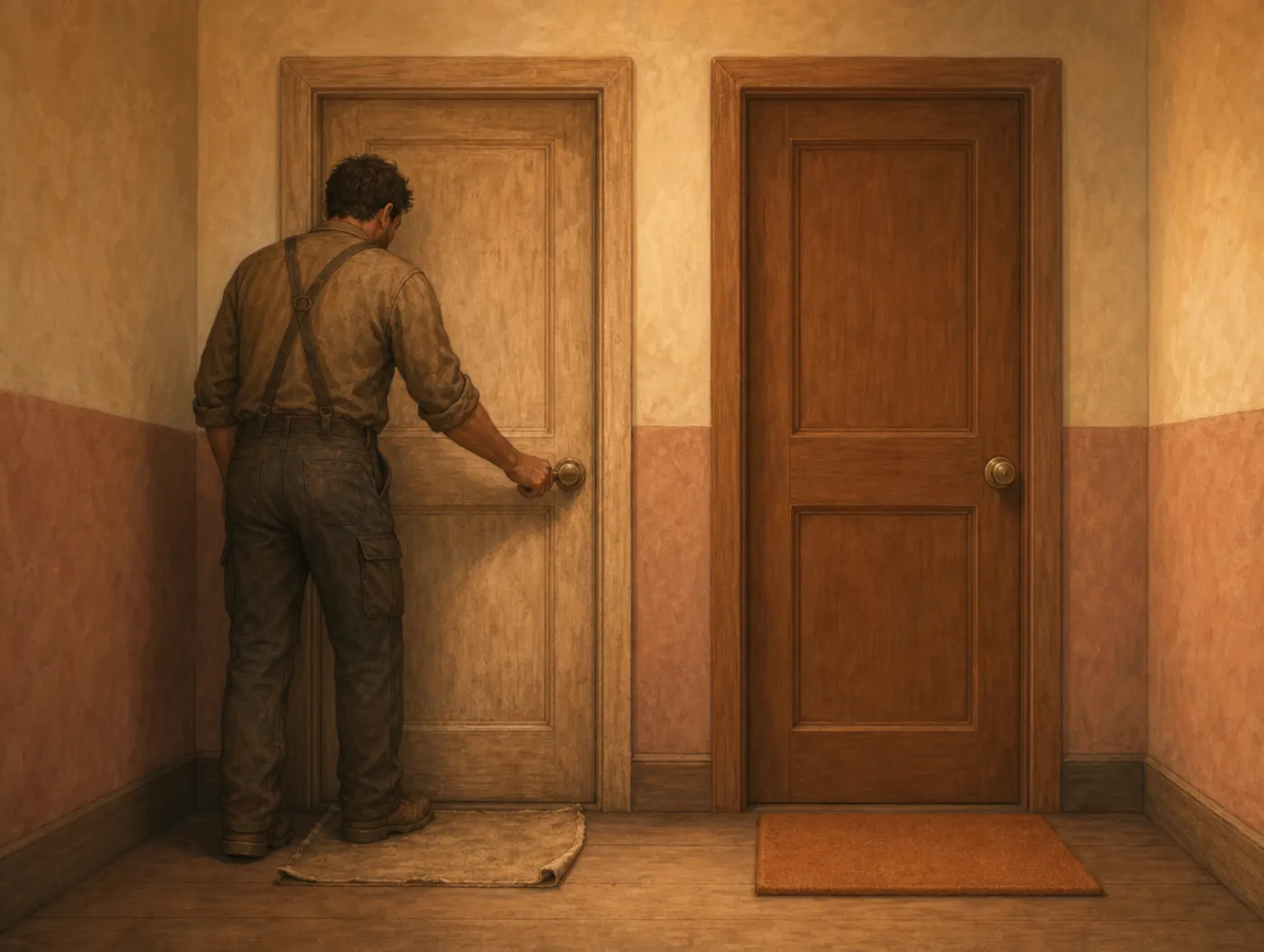 Ambiguity bias: a man reaches for a worn, familiar door handle while turning away from an identical, untouched one beside it.