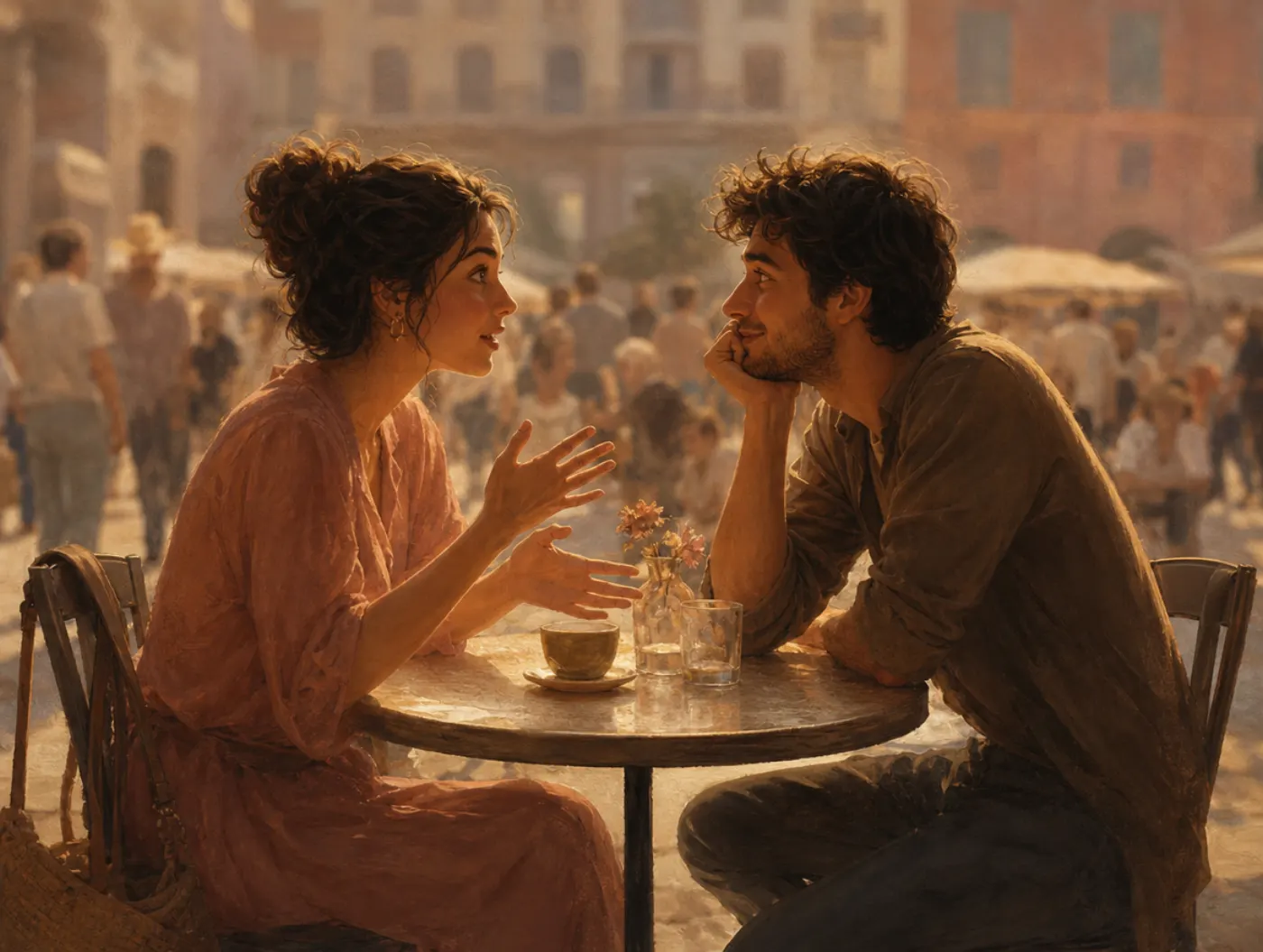 Anecdotal fallacy: a listener leans into one animated storyteller while a crowd of others blurs, ignored, behind them.