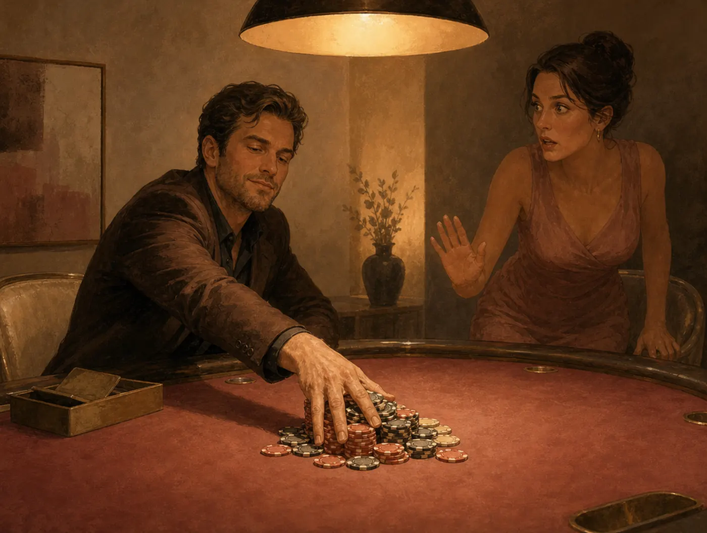 Appeal to probability fallacy: a gambler pushes all his chips forward, betting on a possible win as certain.