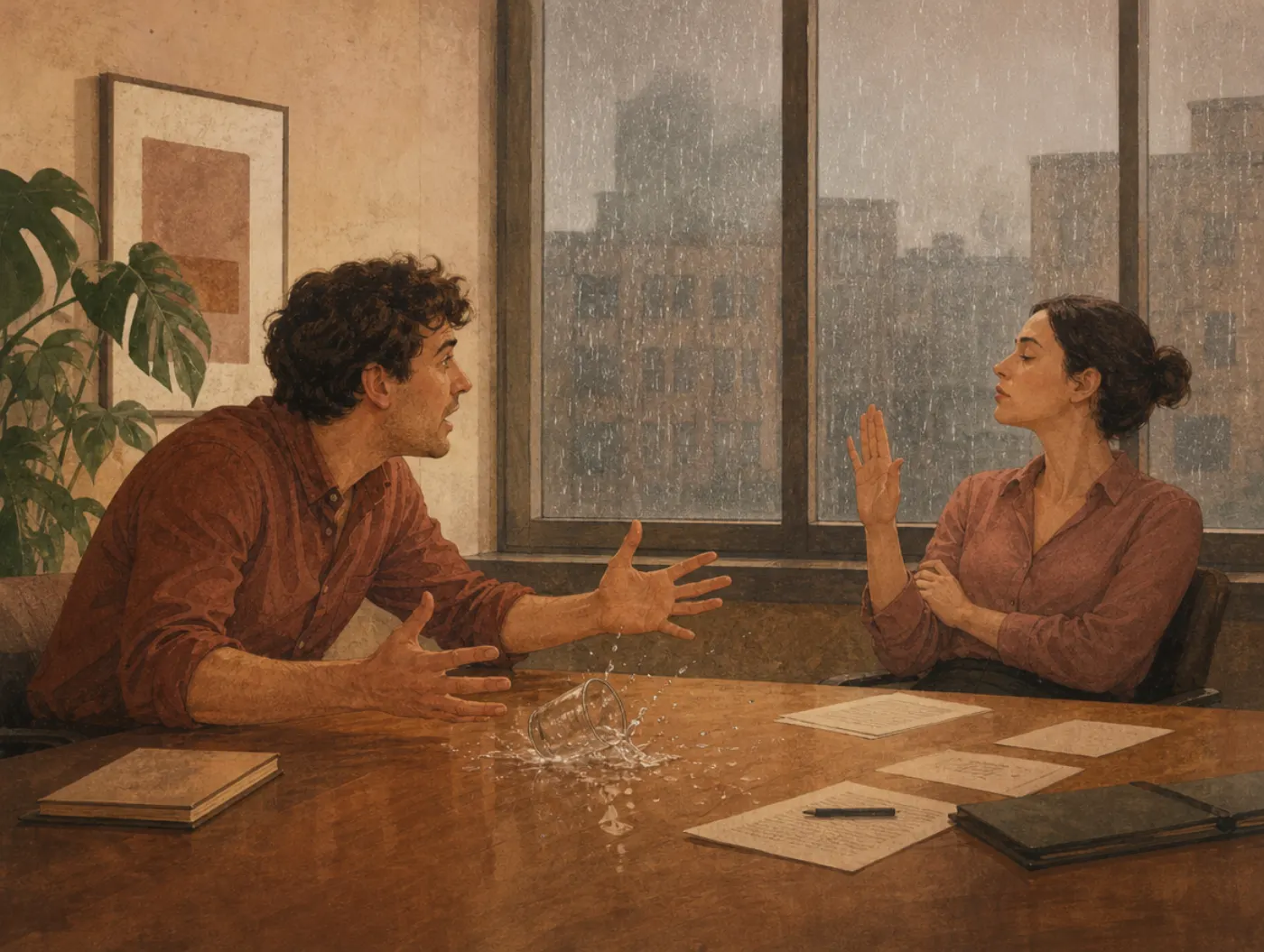 Argument from Fallacy: a colleague dismisses a clumsy coworker's point while rain falls unnoticed outside the window.