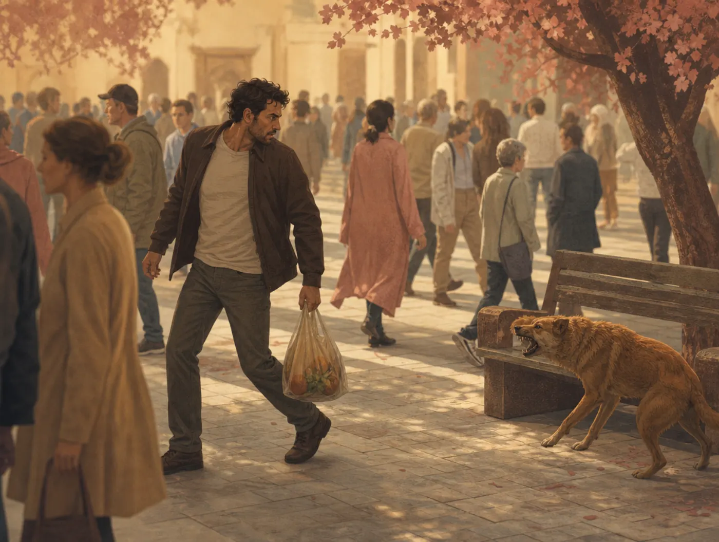 Attentional bias: a man freezes mid-crossing, locked on one snarling dog while the rest of the crowd blurs past unnoticed.