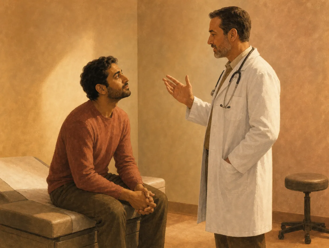 Authority bias: a patient leans in, nodding with open trust, as a white-coated doctor gestures with easy, unquestioned certai
