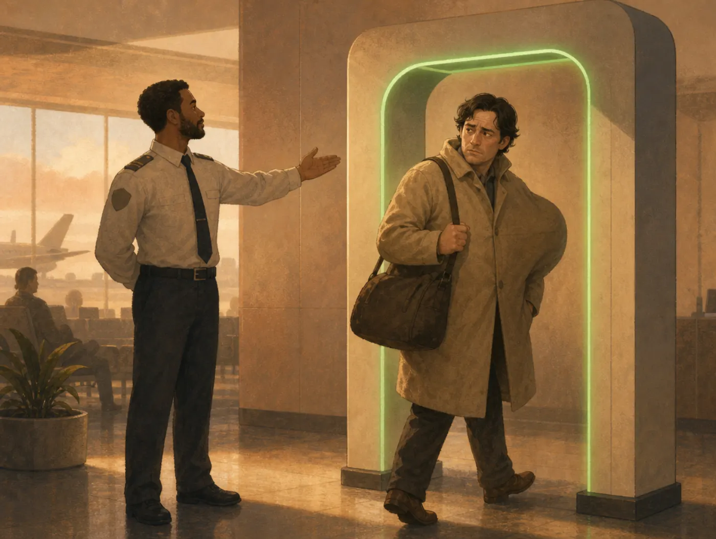 Automation bias: a guard waves a passenger with a bulging coat past a scanner, trusting the green light over plain sight.