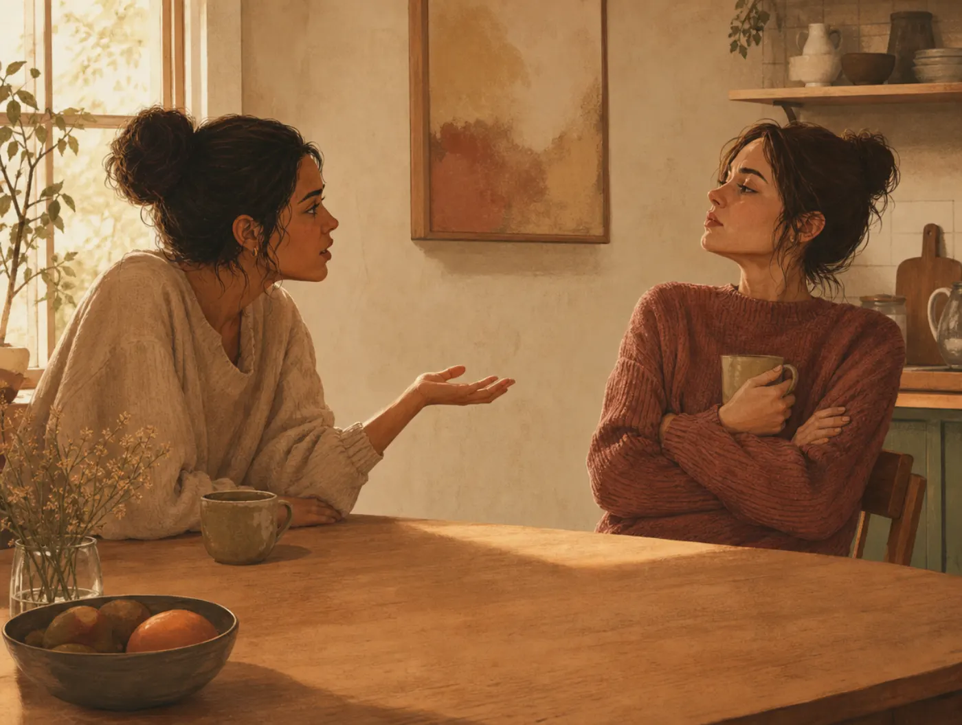 Backfire effect: one person leans in to correct another, who crosses their arms and leans back, gripping a mug tighter.
